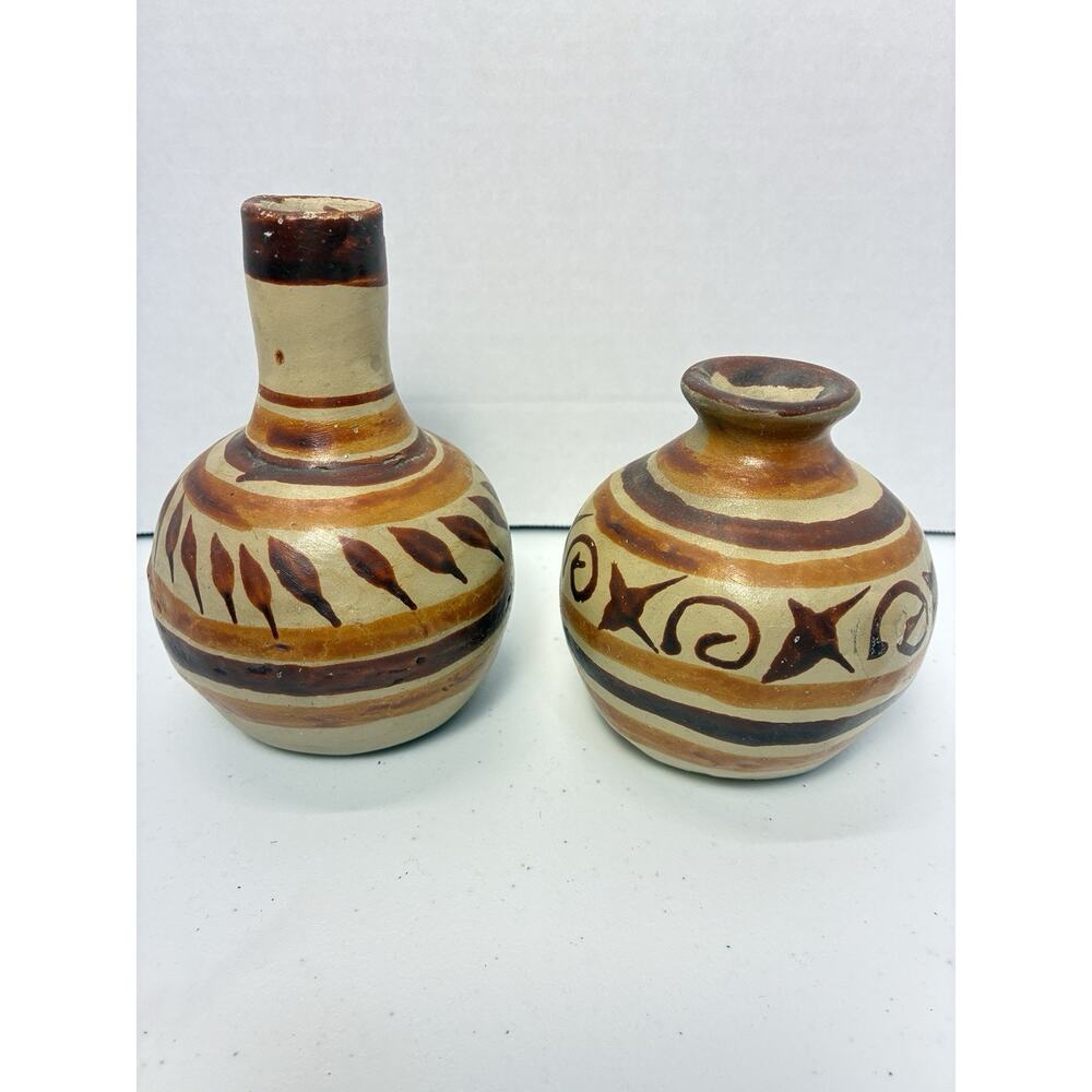 2 Vintage Miniature Mexican Folk Art Clay Pottery Jug Vase